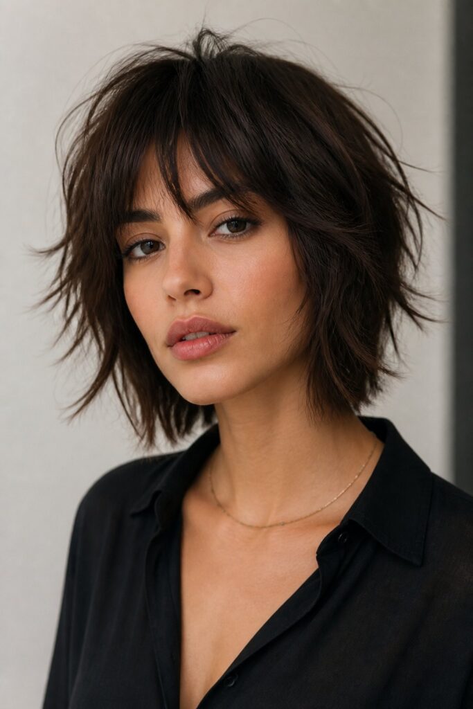 Woman wearing a shaggy layered bob with choppy bangs, piecey ends, and textured volume for an effortless, lived-in look.