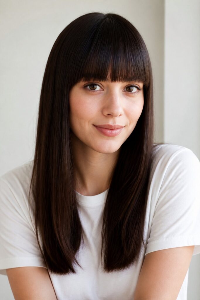 Woman wearing a sleek bob haircut with full blunt bangs cut straight across the eyebrows for a bold, polished look.
