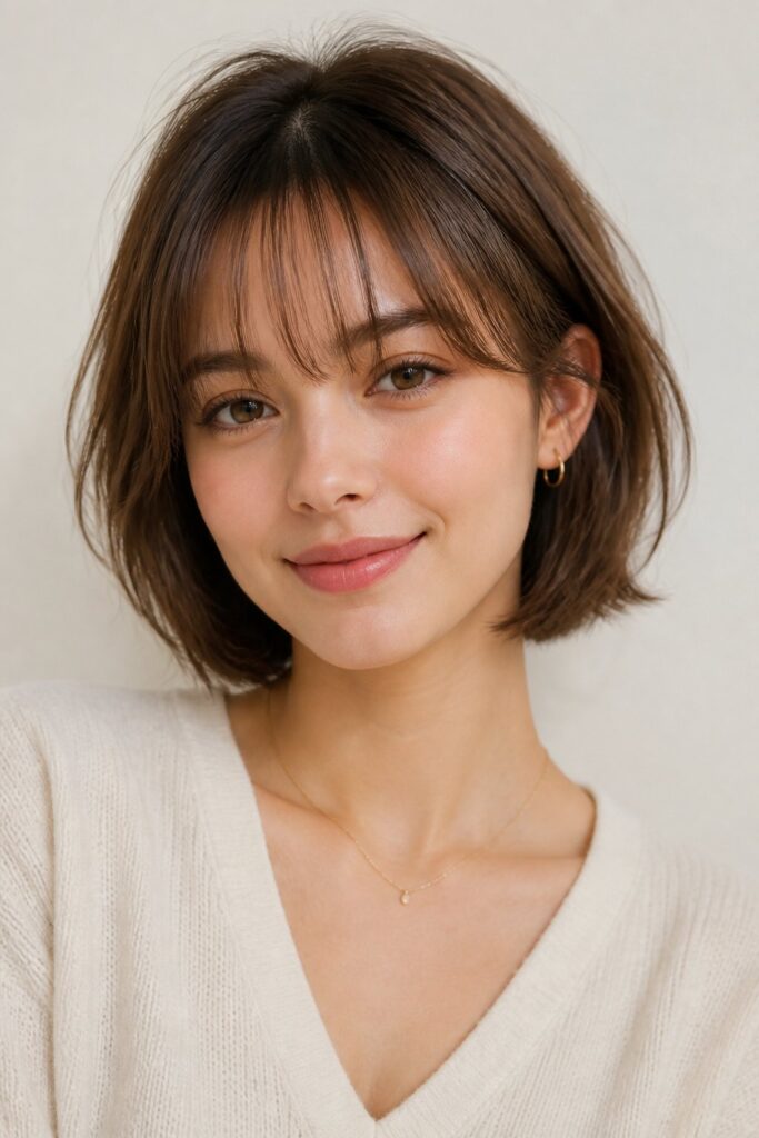 Woman wearing a layered bob haircut with airy, feathered wispy bangs that softly frame the forehead and face.