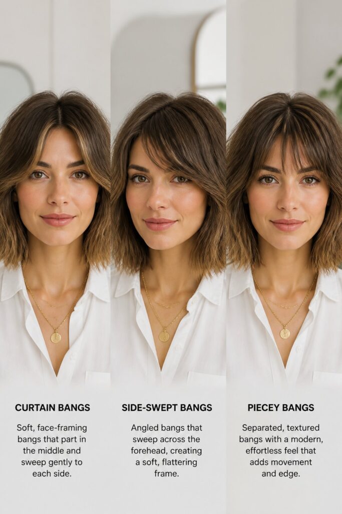 Woman wearing a textured bob with curtain-style, side-swept, piecey bangs that softly frame the face and add natural movement.