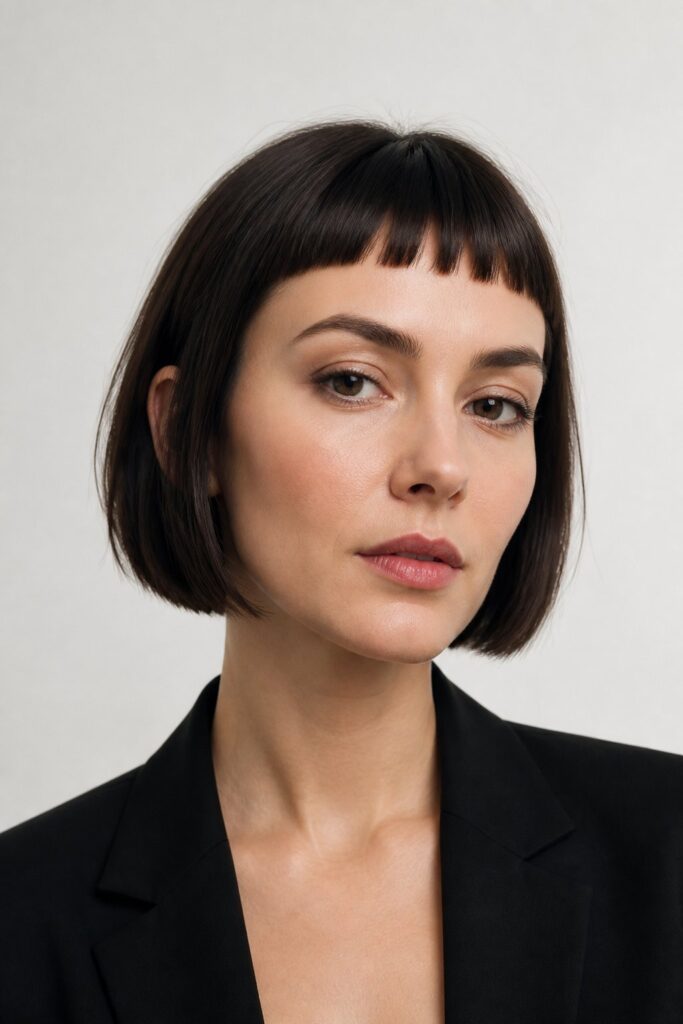 Woman wearing a classic bob haircut with short micro bangs above the eyebrows and softly tapered ends for an edgy, modern look.