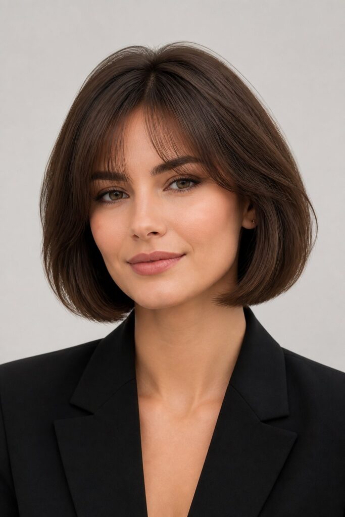 Woman with fine hair wearing a chin-length bob with blunt ends, soft wispy bangs, and lifted roots for a fuller, voluminous look.