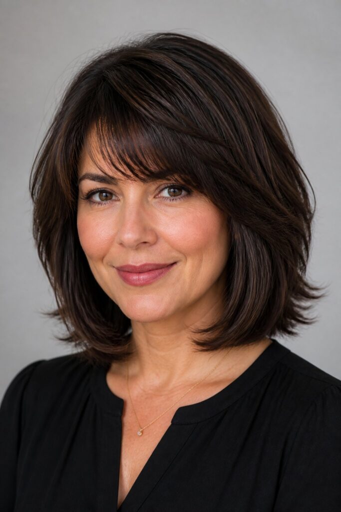 Woman with thick hair wearing a layered shoulder-length bob with texturized side-swept bangs and reduced bulk for a smooth, manageable look.