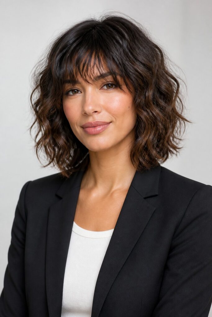Woman with naturally curly or wavy hair wearing a layered bob with longer textured bangs, defined curls, and balanced volume.