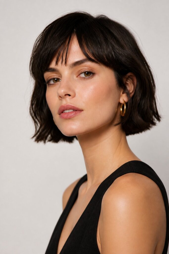 Woman wearing a chin-length French bob with blunt ends, short textured bangs, and soft retro-inspired waves for a chic Parisian look.