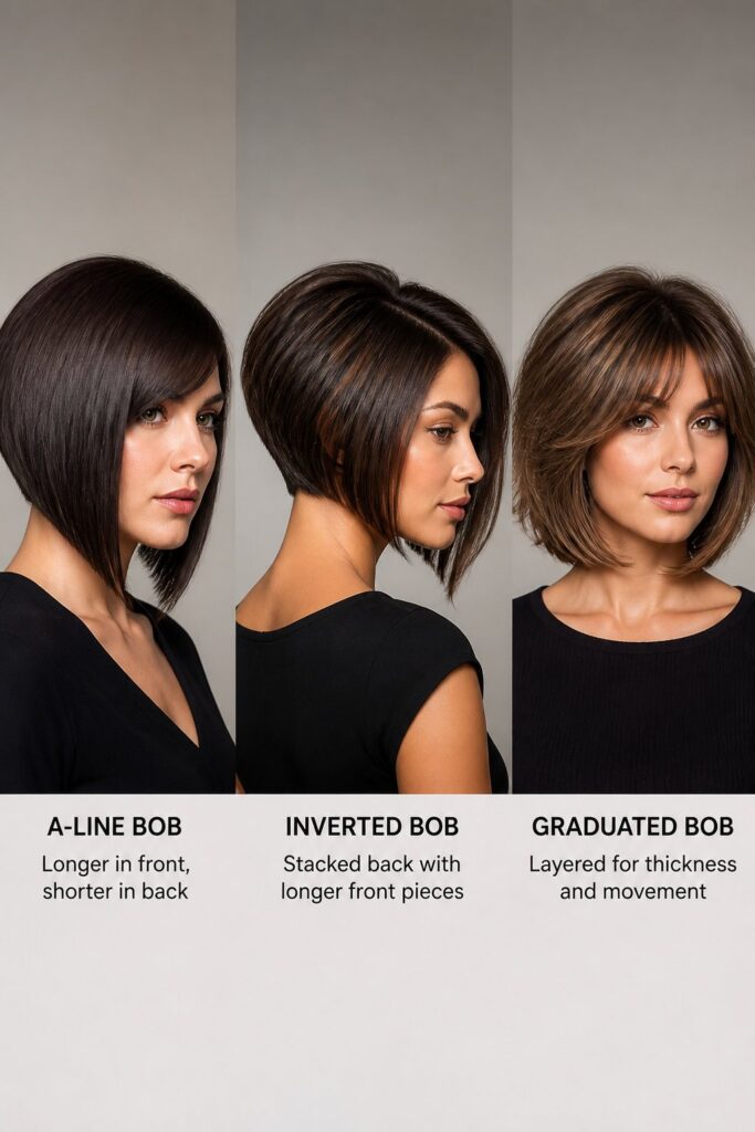 Woman wearing a graduated A-line bob with a stacked short back, longer face-framing front sections, and soft side-swept bangs.