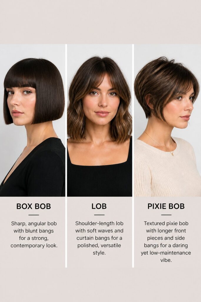Women showcasing a sharp box bob, a shoulder-length lob with curtain bangs, and a textured pixie bob with longer face-framing fringe.