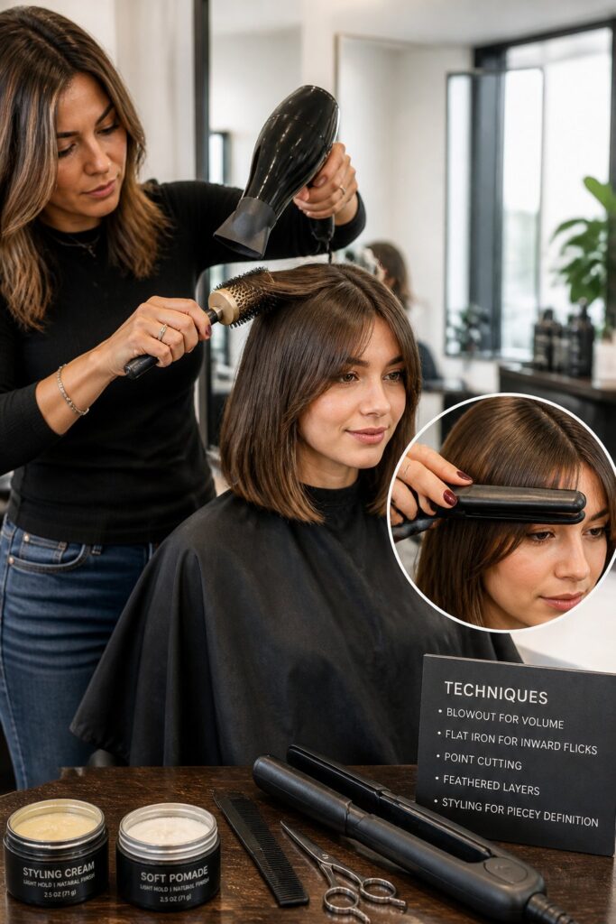 Woman styling a bob haircut with a round brush, blow-dryer, and flat iron to create smooth bangs, lifted roots, and softly defined ends.