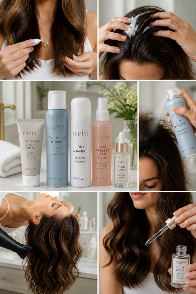 Lightweight styling cream, volumizing mousse, dry shampoo, heat-protectant spray, and shine serum arranged for styling a smooth, voluminous bob haircut.