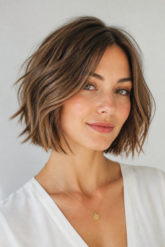 A textured short bob contains soft layers, point-cut ends, or razor-cut sections that create movement throughout the hair.