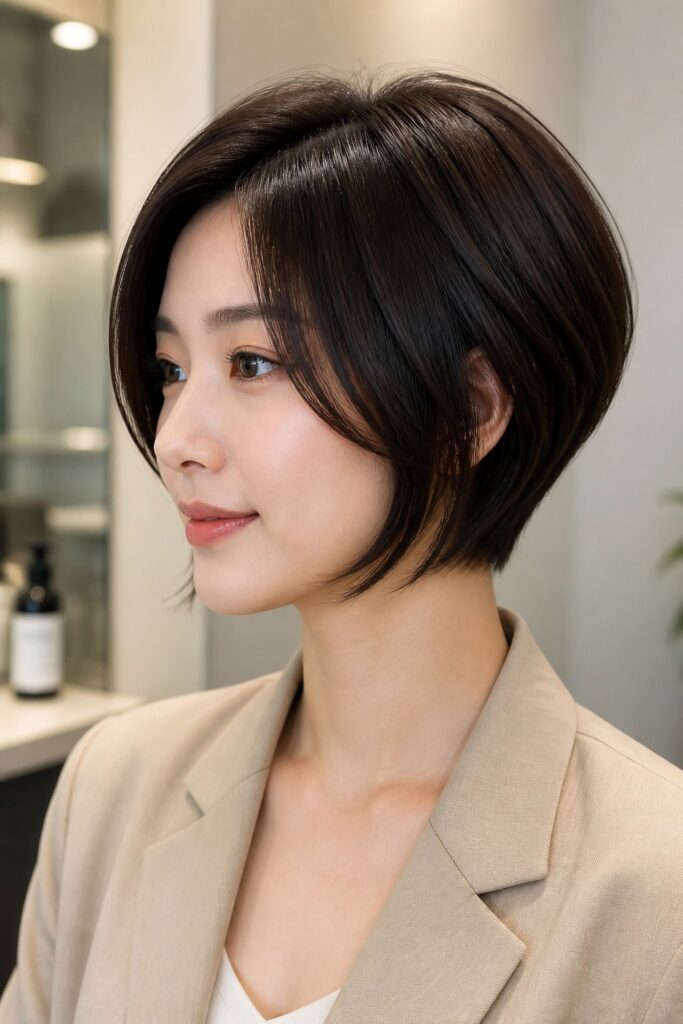 The inverted stacked bob has short, graduated layers at the back and longer pieces near the face.