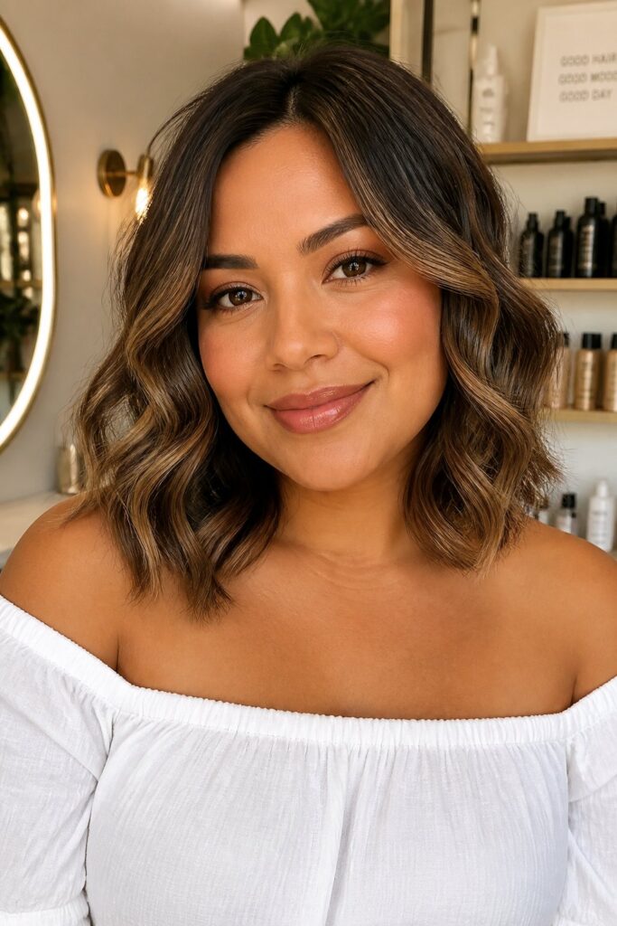 A soft wavy bob combines a structured short haircut with loose, natural-looking waves.