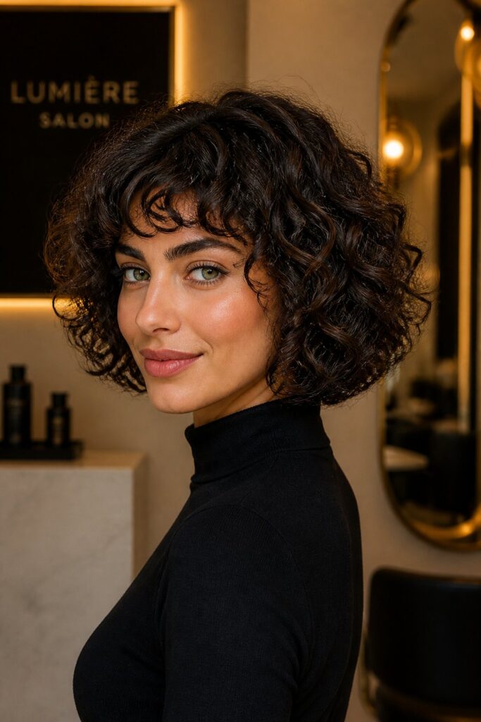 A curly short bob celebrates natural curls while giving them a balanced, intentional silhouette.