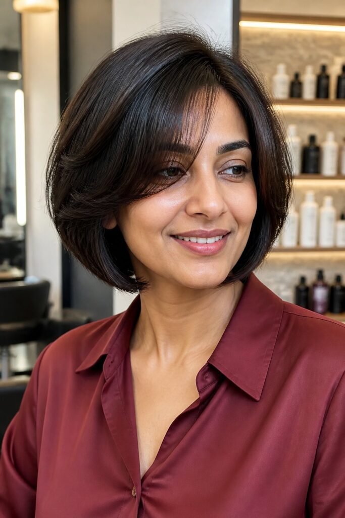 A bob with curtain bangs creates a soft, flattering frame around the forehead and cheekbones.