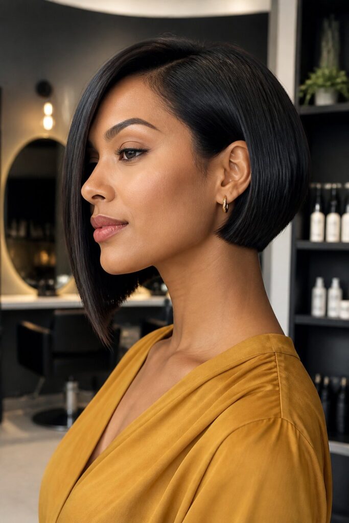 An asymmetrical bob is intentionally longer on one side and shorter on the other.