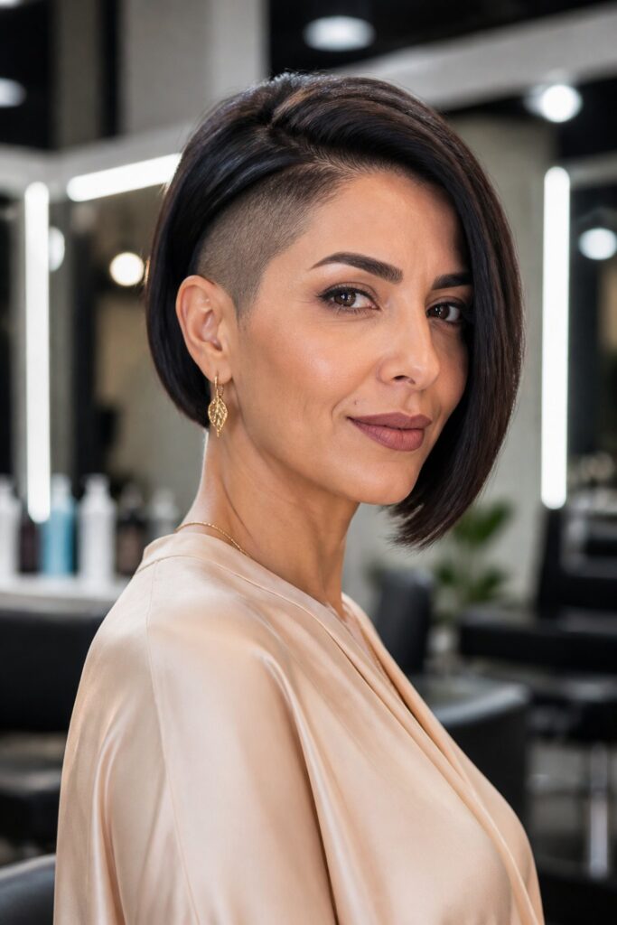 A short bob with an undercut includes closely cropped or shaved hair beneath the longer upper section.