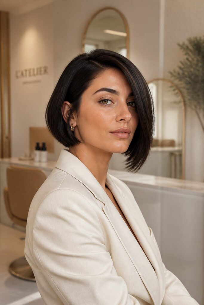 A classic asymmetrical bob usually falls between the chin and jawline.
