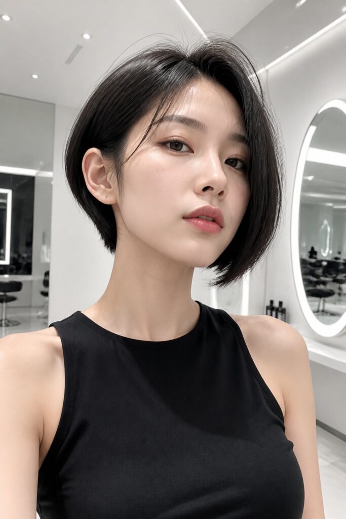 A short asymmetrical bob sits above or directly along the jawline.