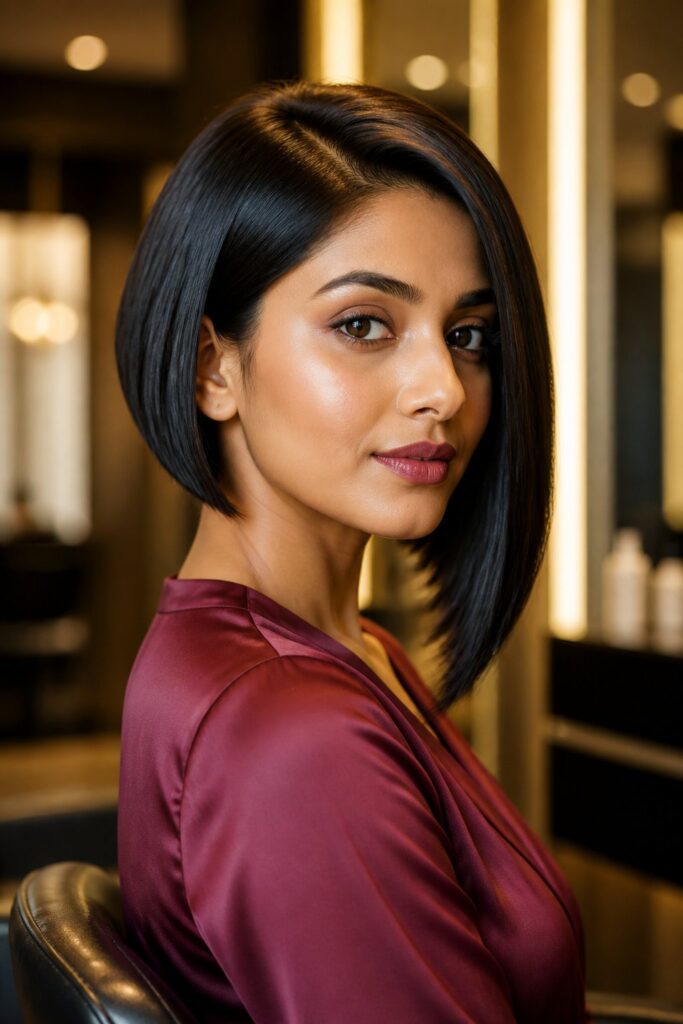 A sleek asymmetrical bob focuses on smooth strands, clean lines, and a glossy finish.