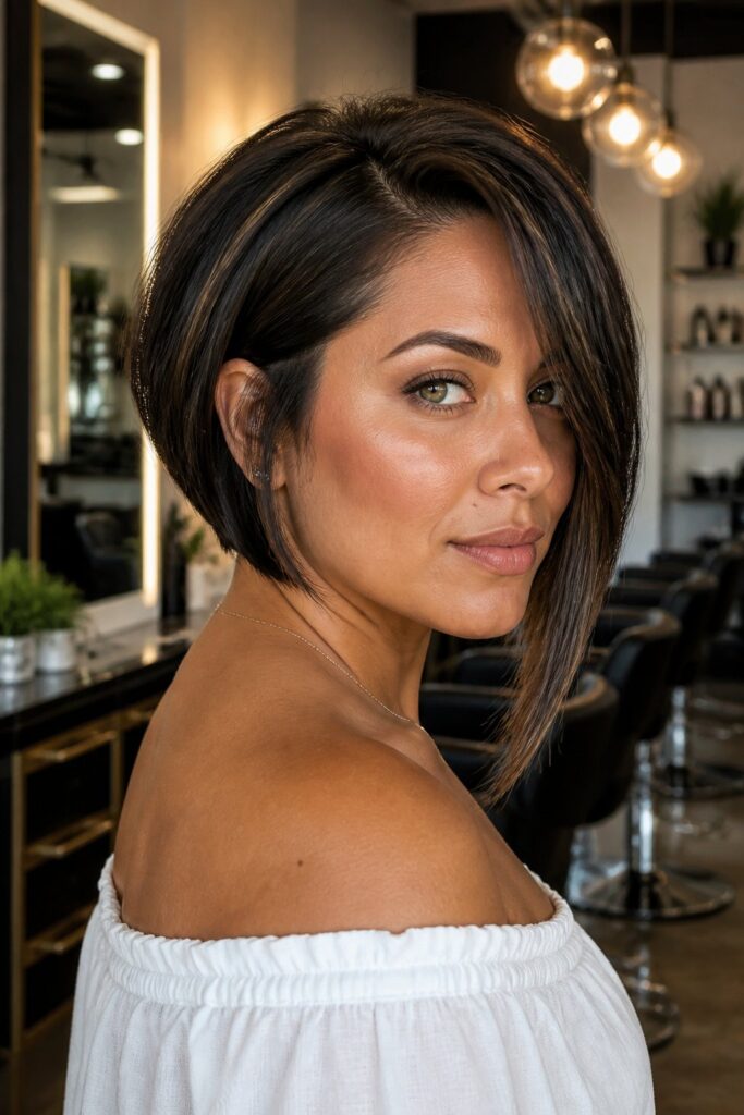 An angled asymmetrical bob is shorter at the back and gradually becomes longer toward the front.