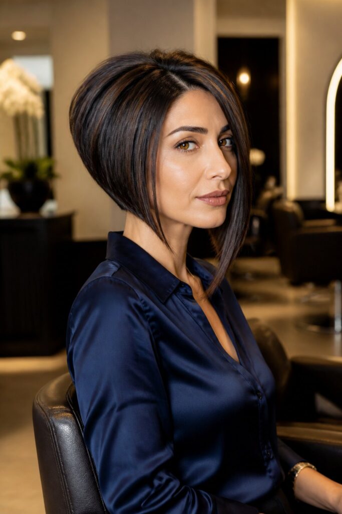 An inverted asymmetrical bob includes graduated layers at the back and longer sections around the face.