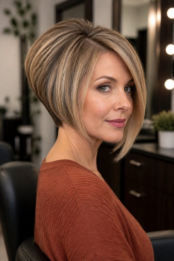 A stacked asymmetrical bob uses short, graduated layers through the back.