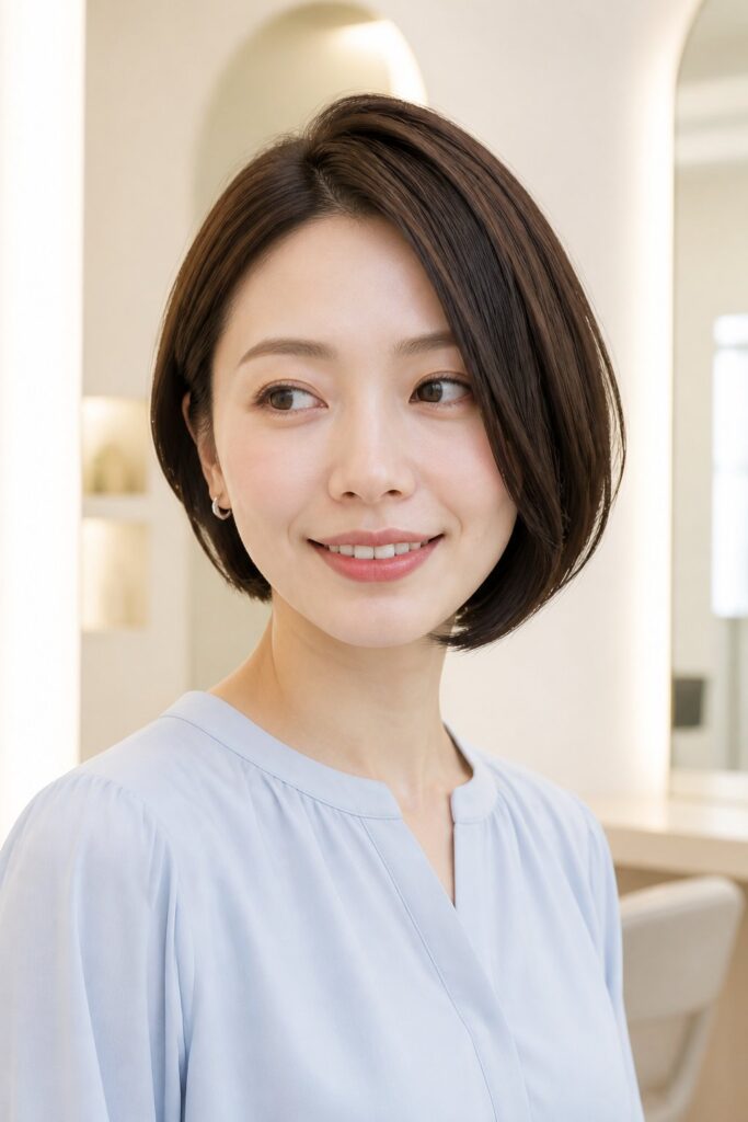 A rounded asymmetrical bob curves gently under the chin.