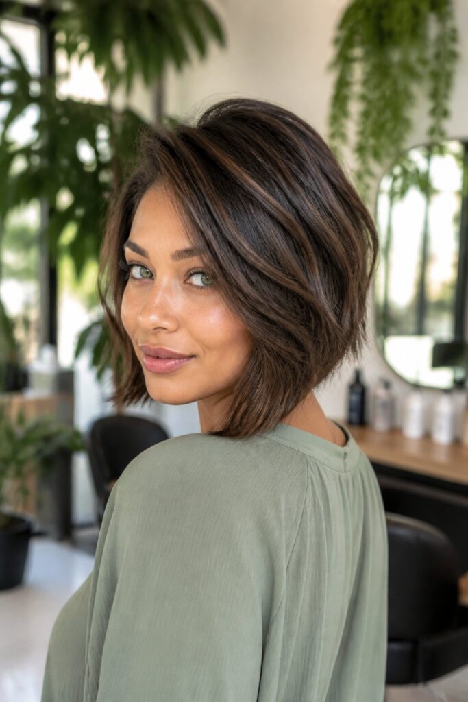 A layered asymmetrical bob includes blended lengths throughout the haircut.