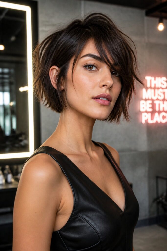 A choppy asymmetrical bob uses uneven, separated layers to create an edgy finish.