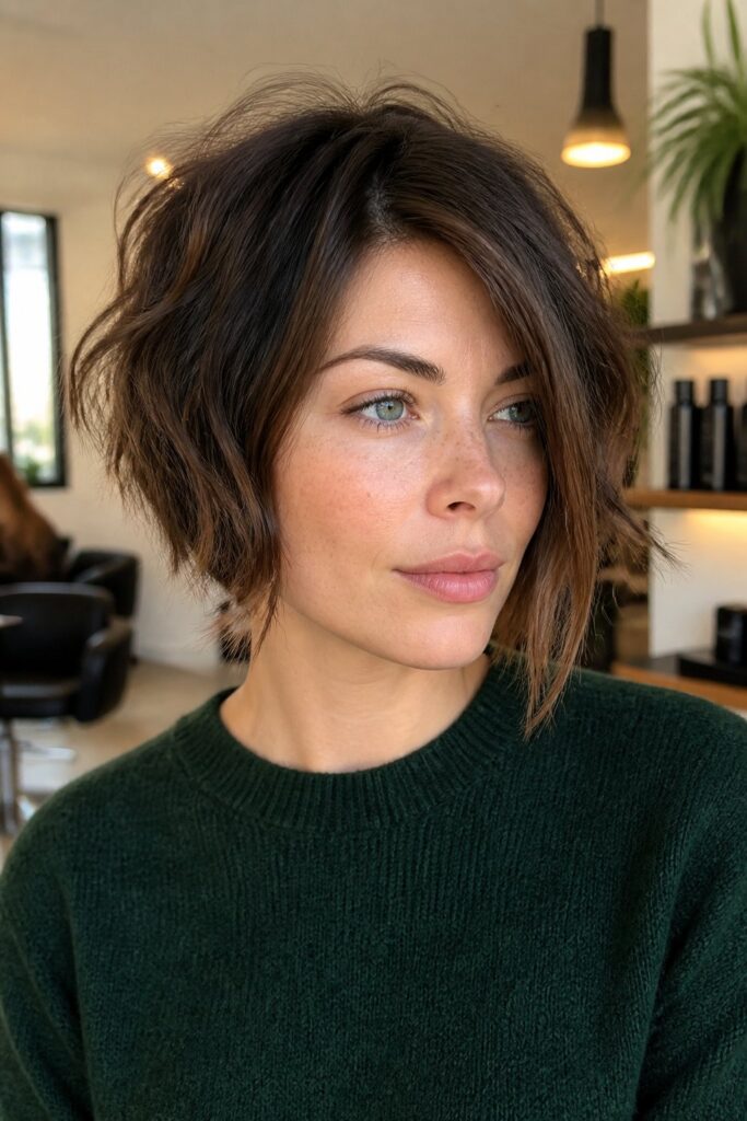 A shaggy asymmetrical bob includes more layering through the crown, sides, and ends.