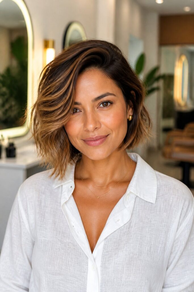 A tousled asymmetrical bob focuses on loose bends and soft separation.