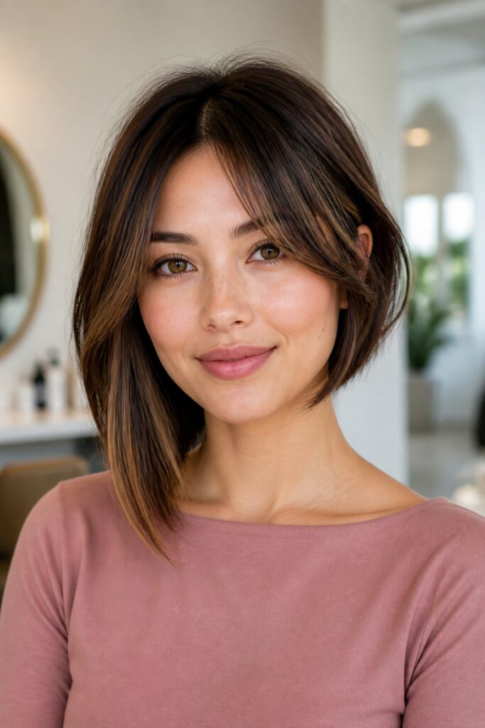 Curtain bangs part near the center and frame both sides of the face.