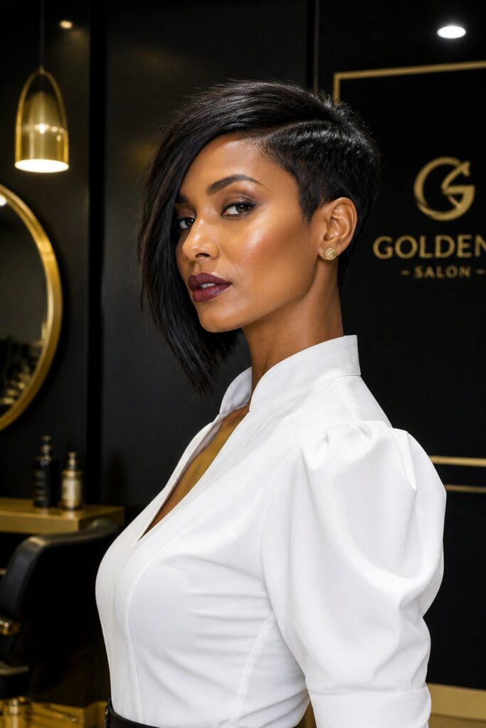 An asymmetrical pixie bob combines the cropped shape of a pixie with the longer front section of a bob.