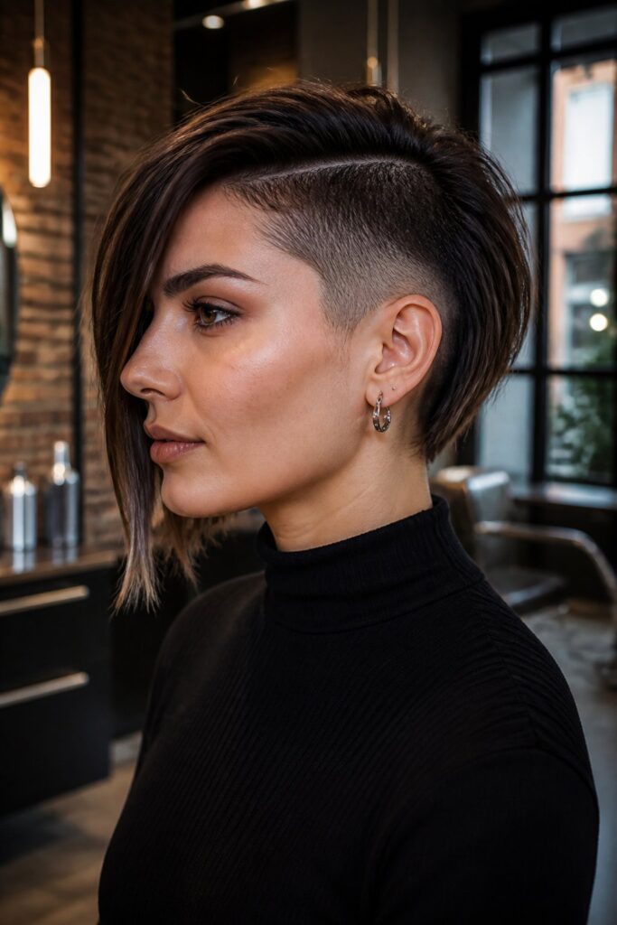 An undercut bob features closely cropped or shaved hair beneath the longer top section.