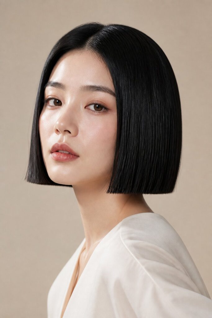 A chin-length blunt bob features a clean, solid baseline that usually ends close to the jaw.