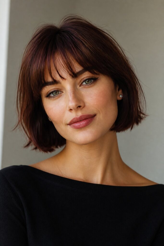 The French bob usually ends near the jaw and is often combined with soft, wispy, or slightly uneven bangs.