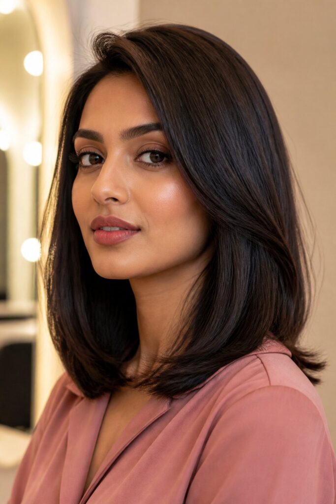 The long bob, commonly known as a lob, falls between the shoulders and collarbone.