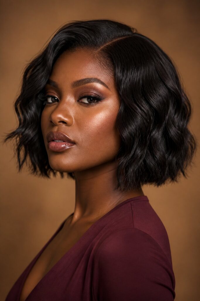 A chin-length bob styled with soft waves creates movement, volume, and a relaxed feminine finish.