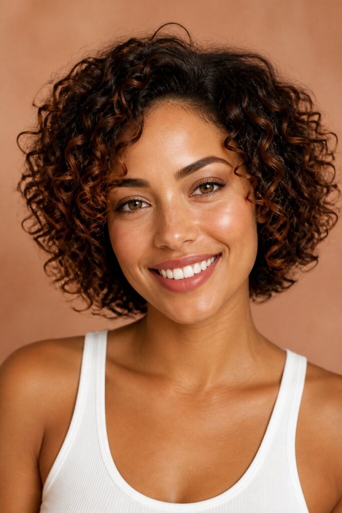 A naturally curly bob allows curls, coils, or ringlets to create a rounded shape around the face.