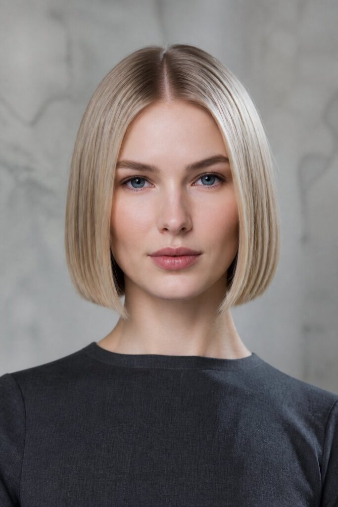 A center-parted bob creates a clean and balanced frame on both sides of the face.