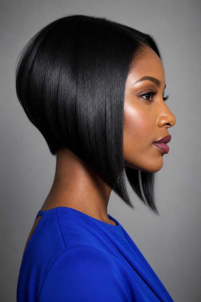 An A-line bob is shorter at the back and gradually becomes longer toward the front.