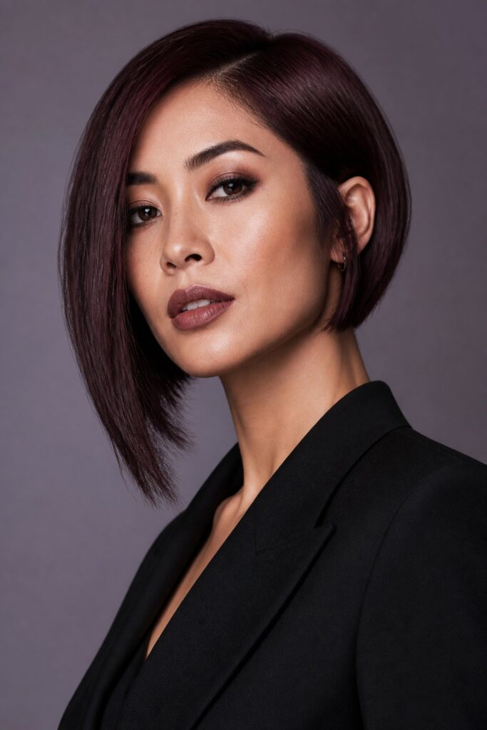 An asymmetrical bob is longer on one side than the other. The difference can be subtle or bold, depending on your style.