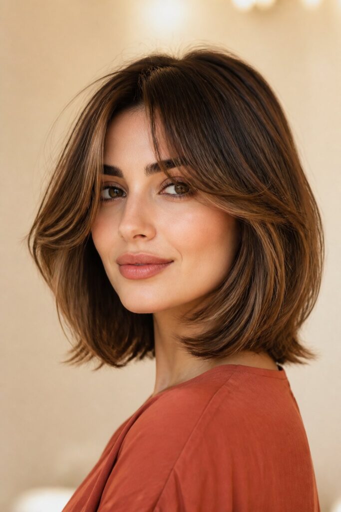 Curtain bangs are parted near the center and softly sweep toward both sides of the face.
