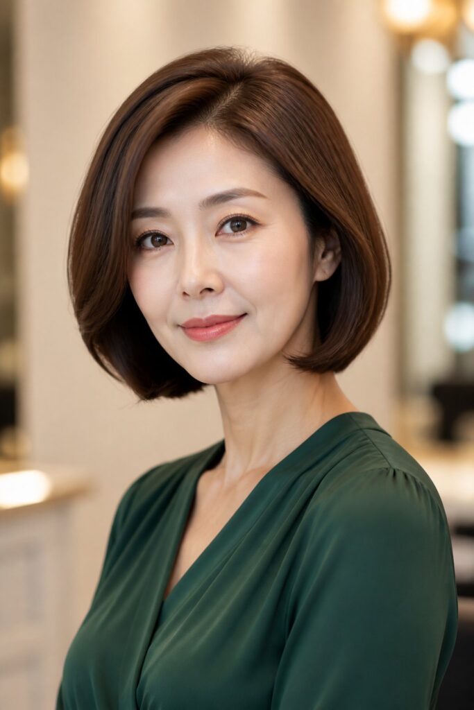 A rounded bob curves gently around the head, with the ends usually directed inward.