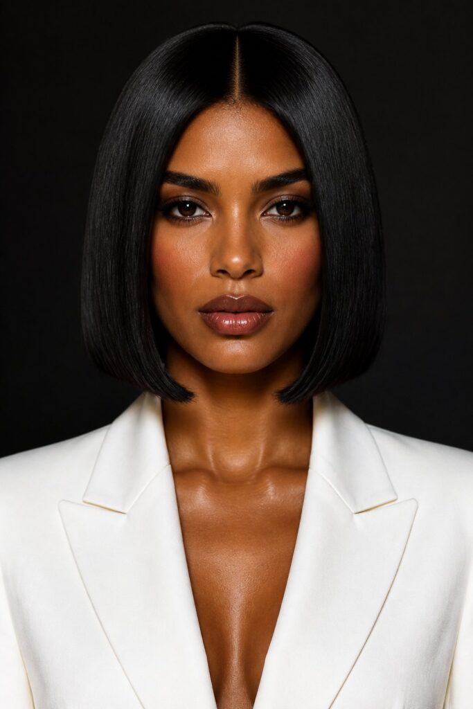 A sleek polished bob has a smooth surface, precise shape, and glossy finish. It can sit at the chin or slightly below it.