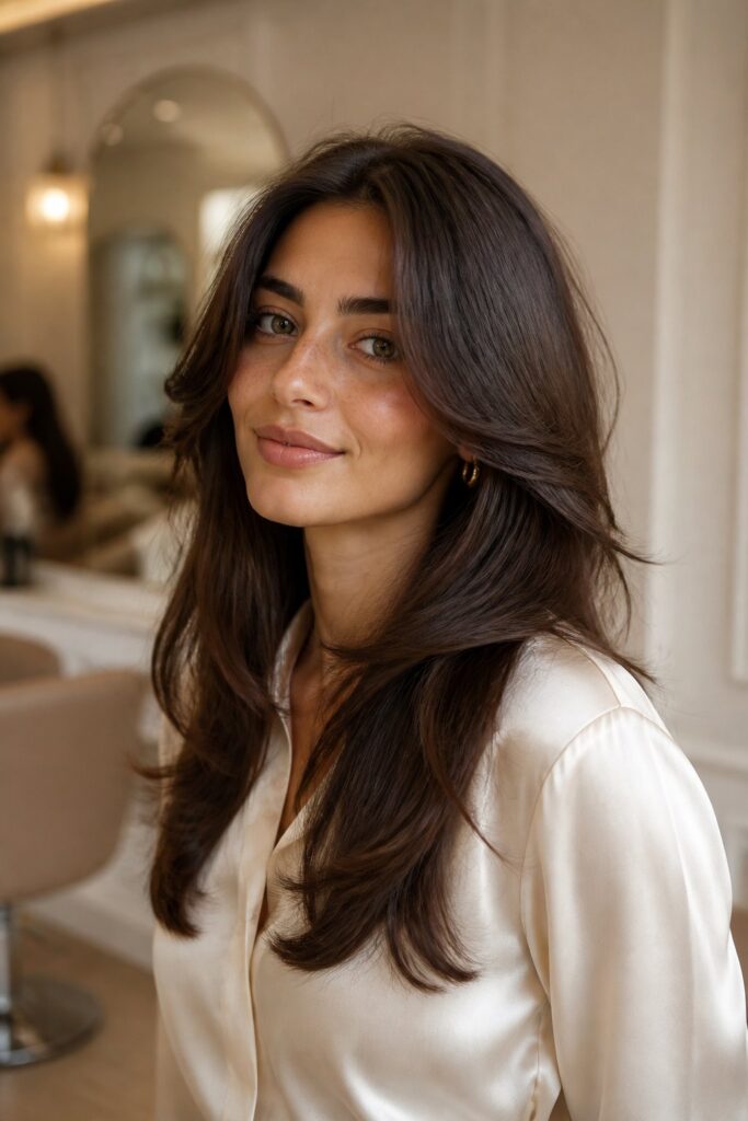 The classic butterfly haircut combines short face-framing layers with long, cascading sections through the back.