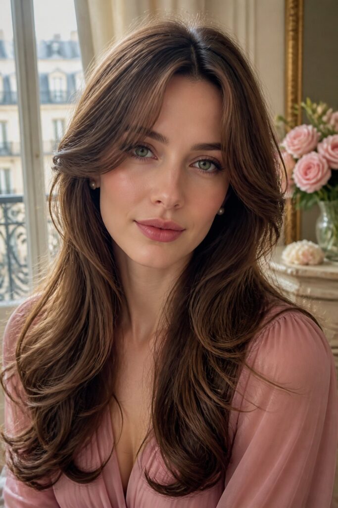 Curtain bangs blend beautifully with a butterfly haircut because both styles sweep away from the face.