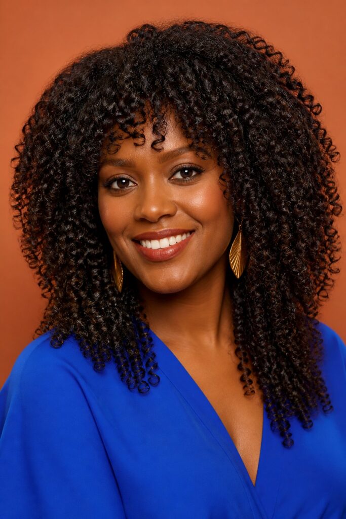 A curly butterfly haircut uses carefully placed layers to create a rounded, balanced silhouette.
