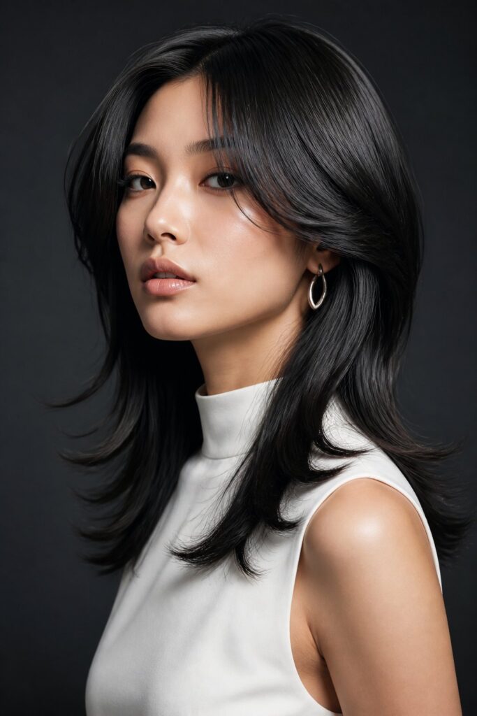 Straight hair clearly displays the structure of a butterfly haircut. The transitions between the short and long layers are easy to see.