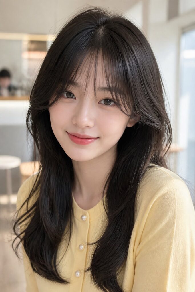 Wispy bangs add softness to a butterfly haircut without creating a heavy fringe.